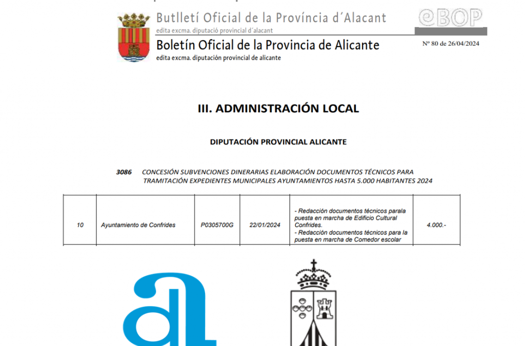 CONFRIDES RECIBE UNA SUBVENCIÓN de la Excma. Diputación de Alicante para la elaboración de documentos técnicos necesarios para la tramitación de expedientes municipales.