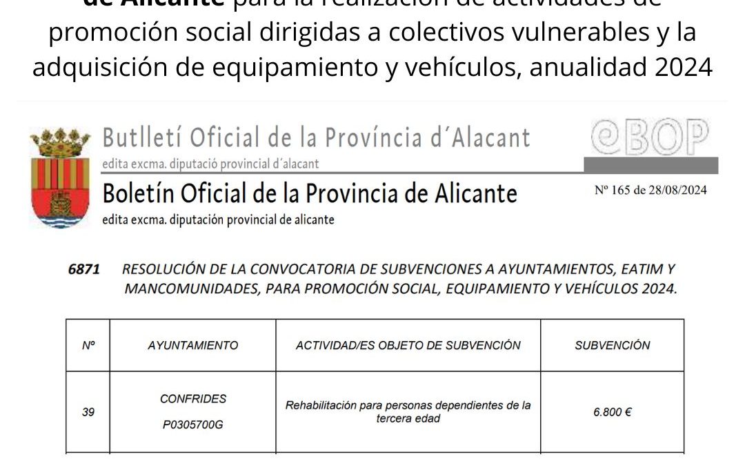 Confrides recibe una subvención de 6.800,00 € de la Diputación de Alicante para rehabilitación para personas dependientes de la tercera edad